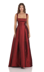 Square Neck Fit and Flare Maxi Dress in Maroon
