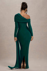 valina | green ruched asymmetric maxi dress with drape