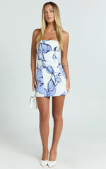 Catharine Mini Dress - Strapless A Line Dress in Blue Floral