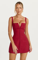 Plunge V Neck A Line Dress in Cherry Red