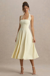 auburn | pale lemon halter-neck midi dress