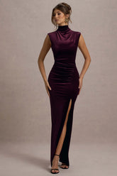 abilene | port velvet high-neck split maxi dress