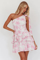 Like Me One-Shoulder Layered Mini Dress Floral Pink