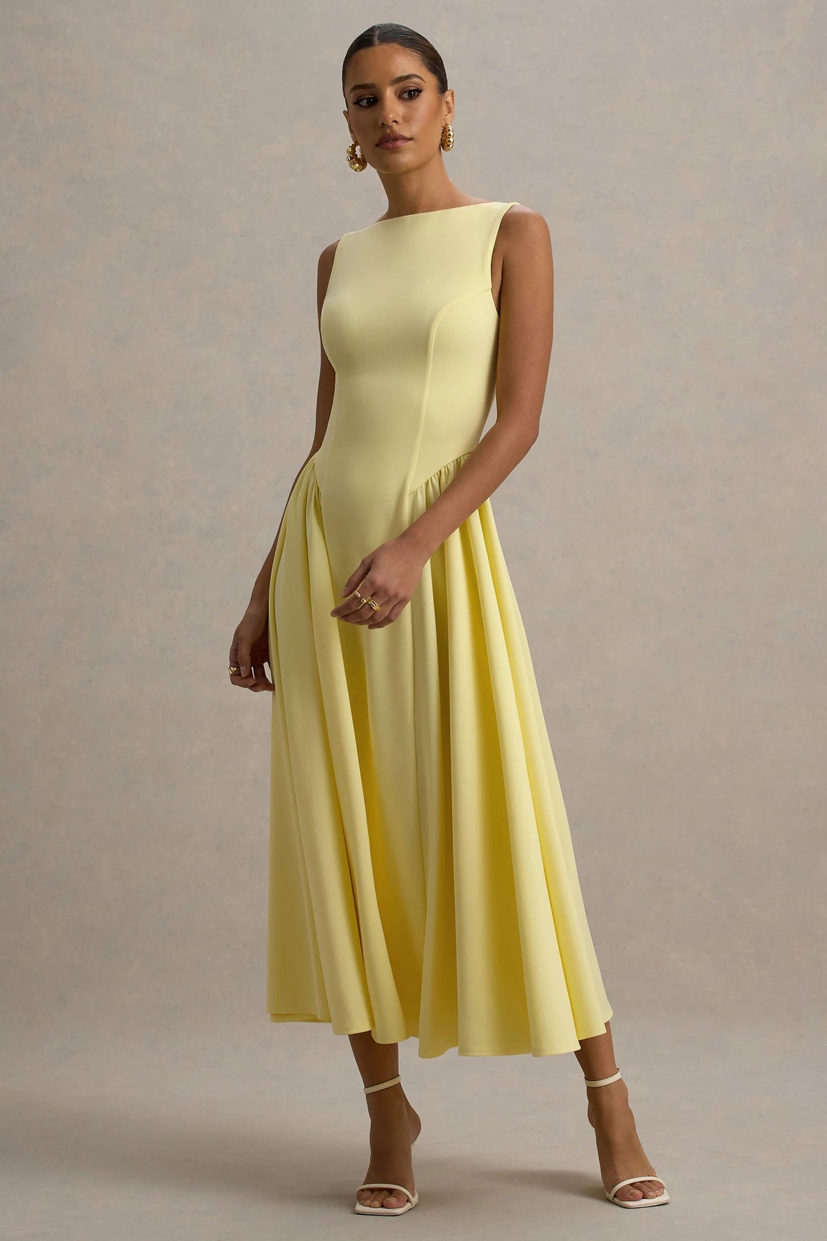 muriel | lemon boat-neck volume-hem midi dress