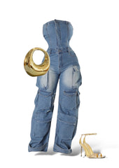strapless denim cargo jumpsuit