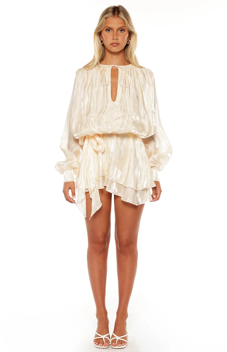 Quinton Pearl Satin Long Sleeve Tie Mini Dress