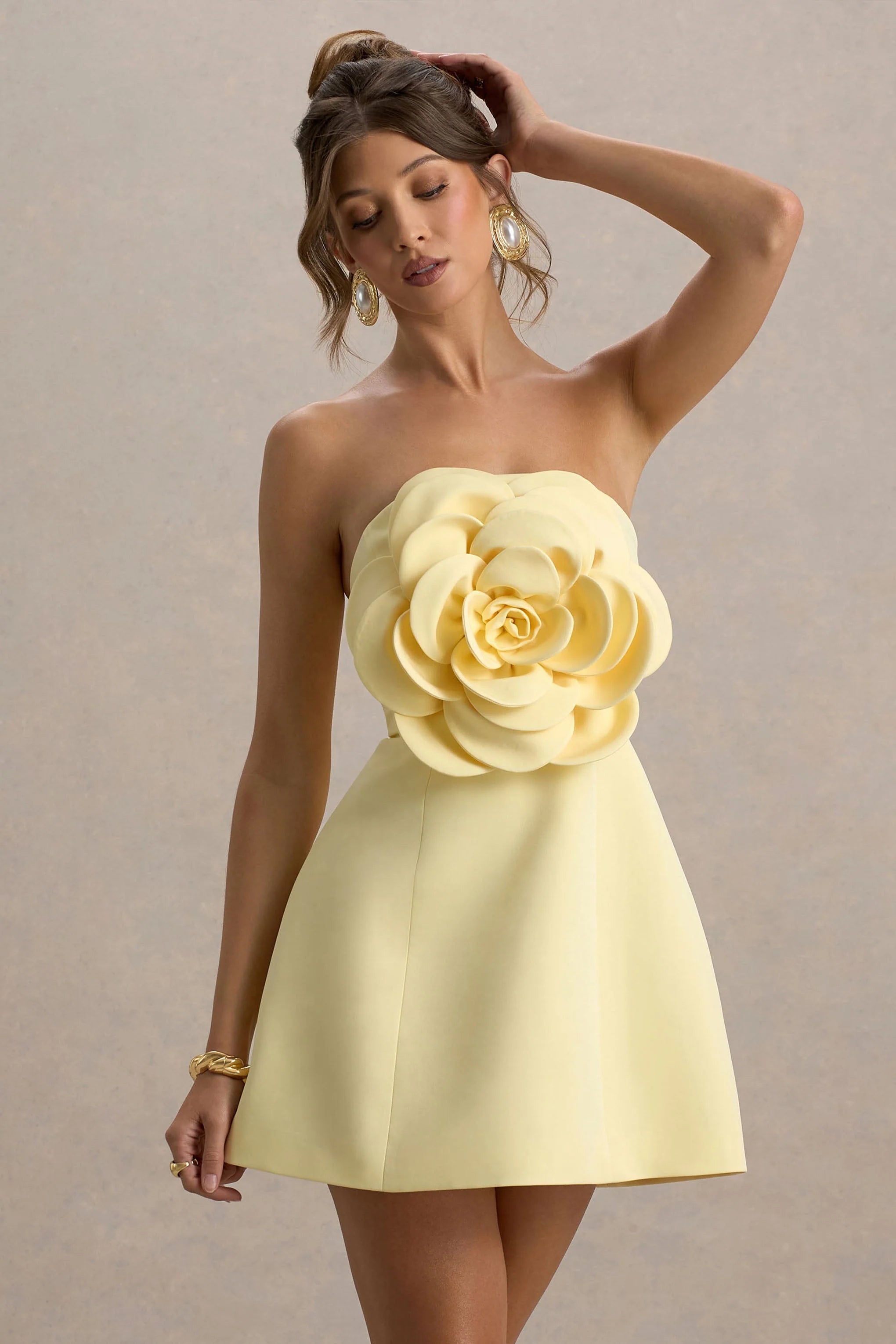 daffodil | lemon bandeau mini dress with large floral corsage