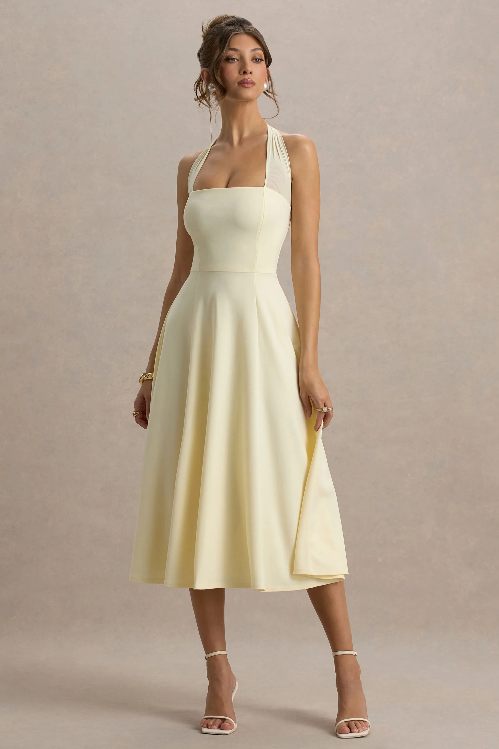 auburn | pale lemon halter-neck midi dress