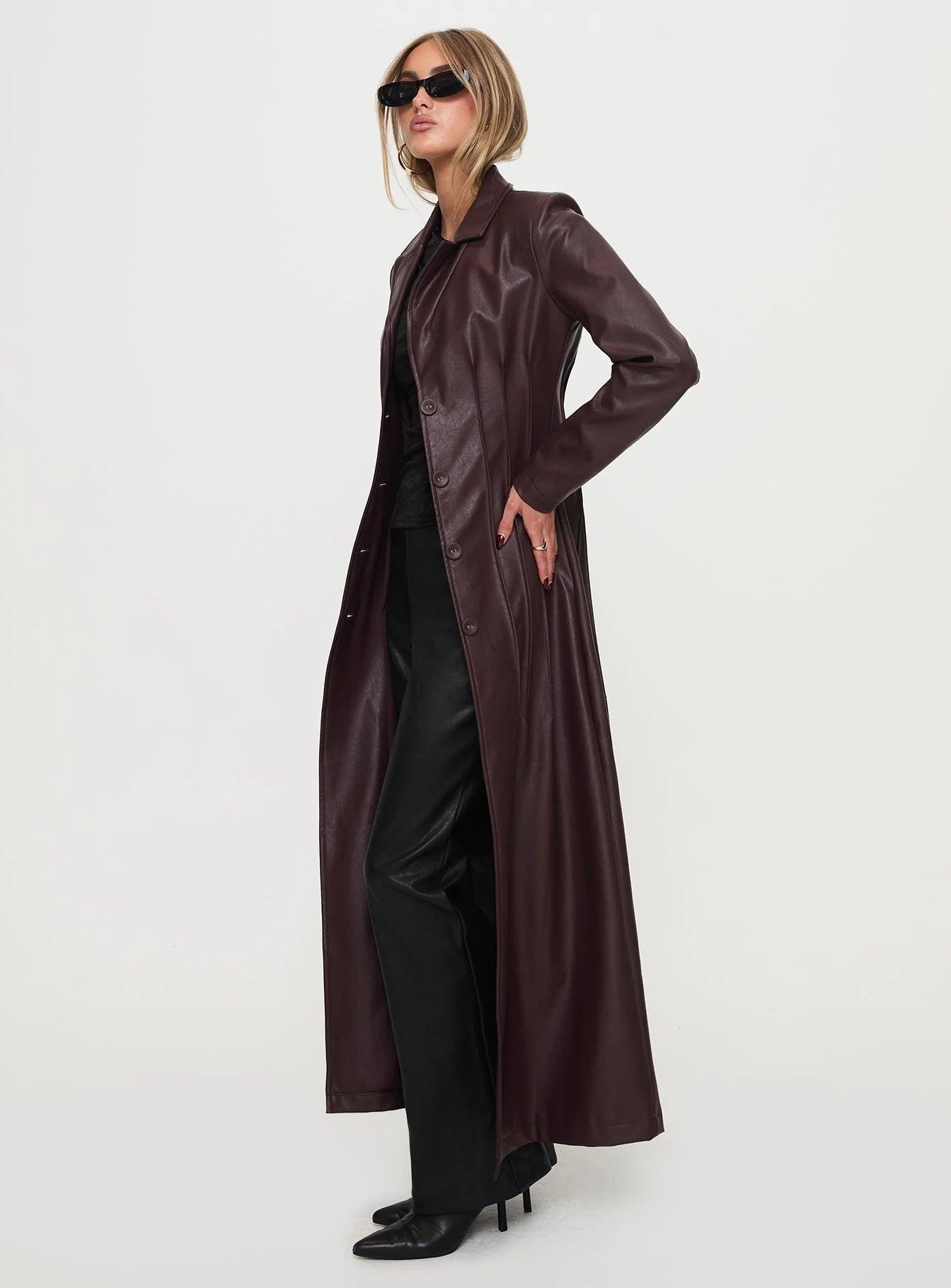 speak easy long line faux leather coat burgundy