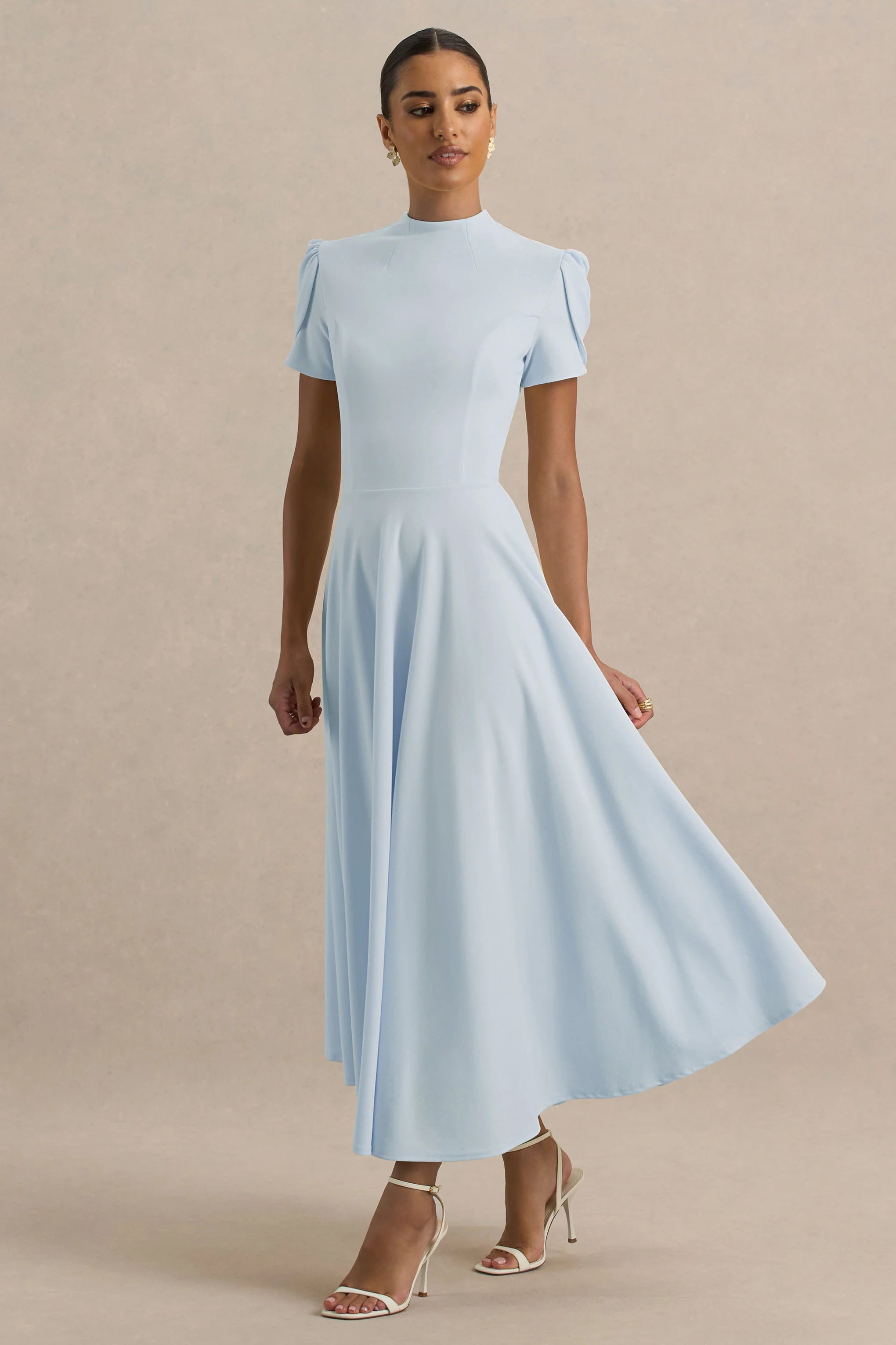 vicky | powder blue high neck midi dress with puff sleeves