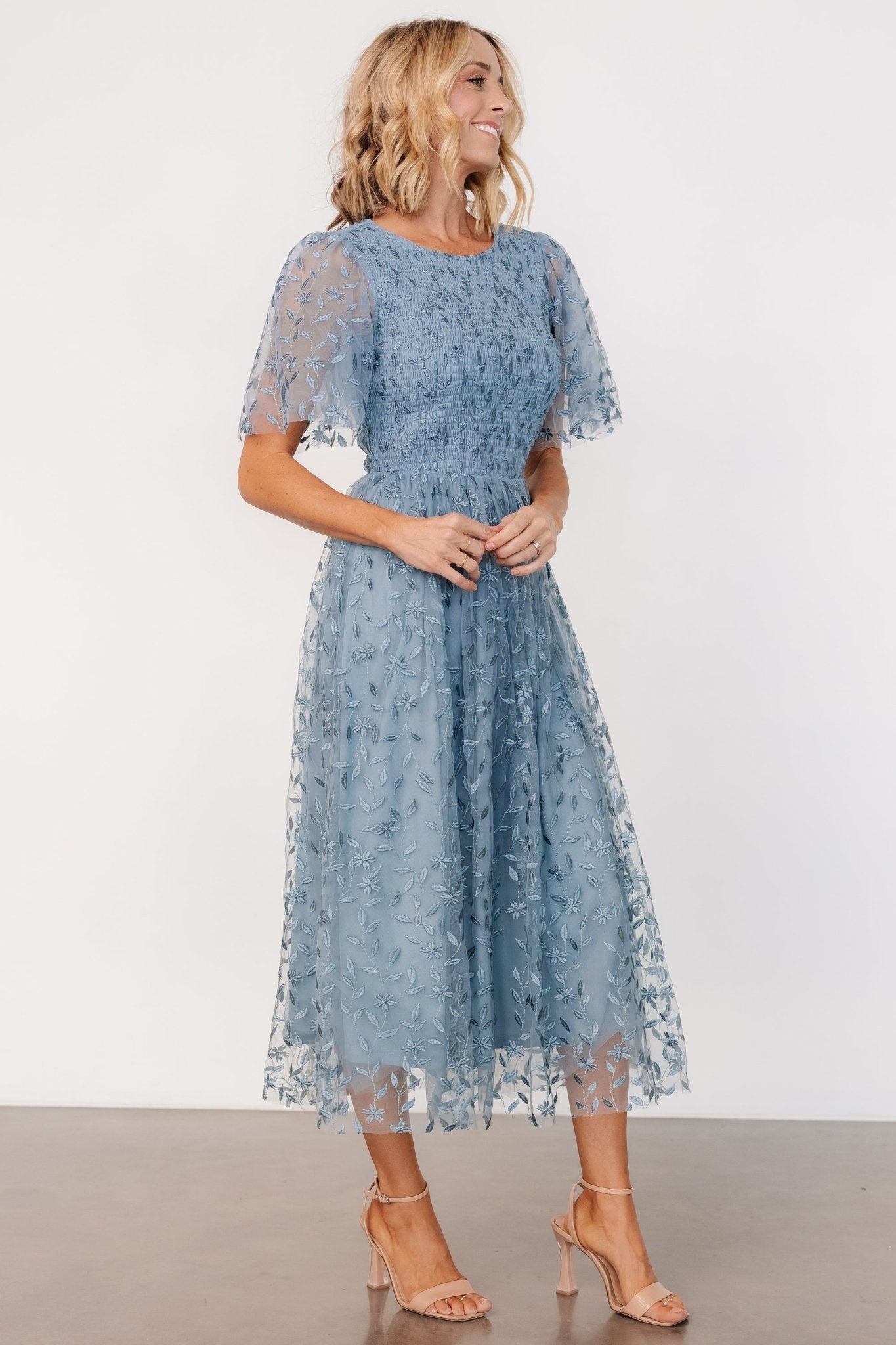 kendra embroidered dress | dusty blue