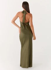 Heavy Hearted Satin Maxi Dress - Khaki