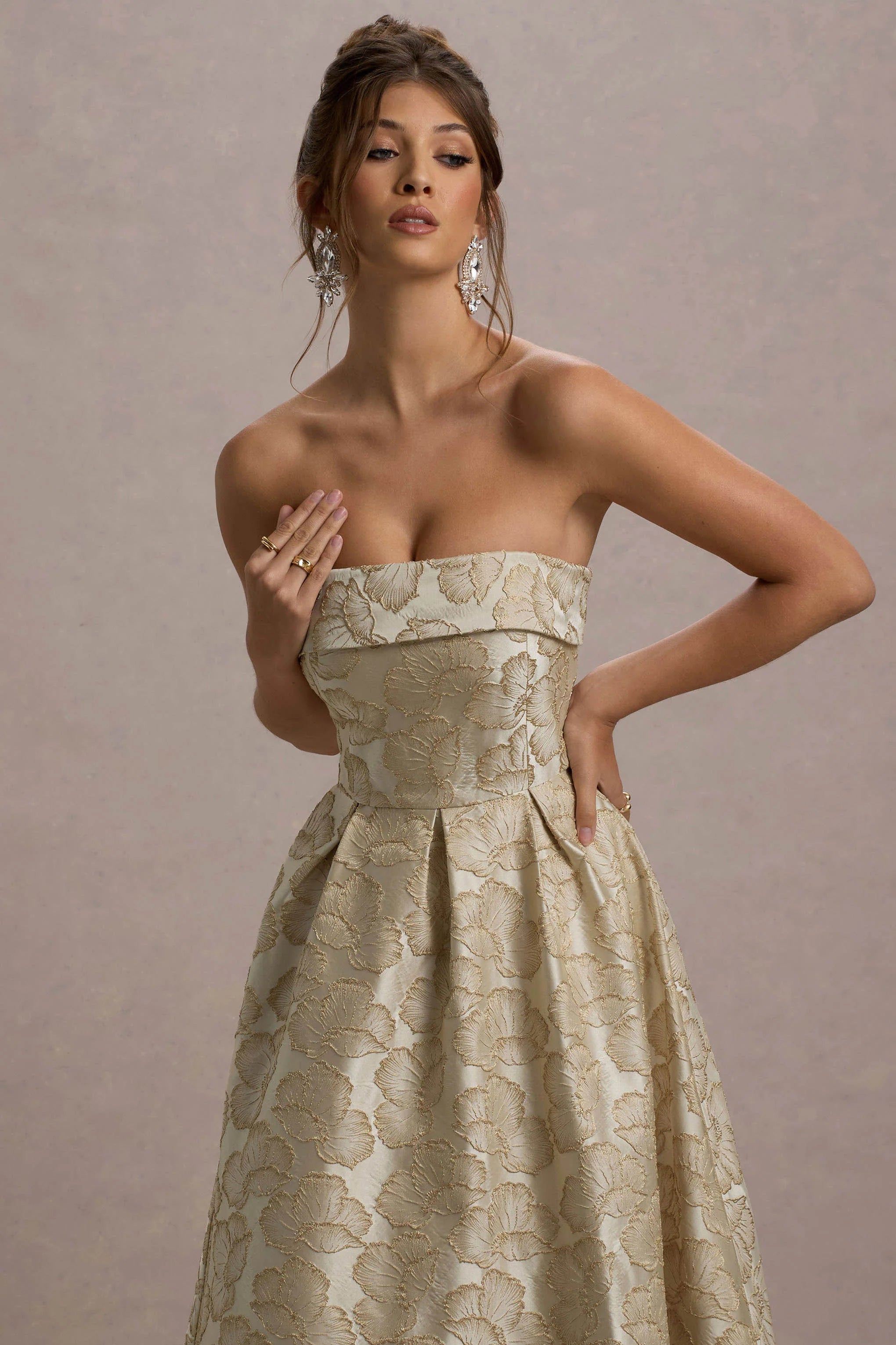 zuma | gold metallic jacquard strapless midi dress
