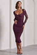 between the lines | plum ruched mesh long-sleeved bodycon midi dress