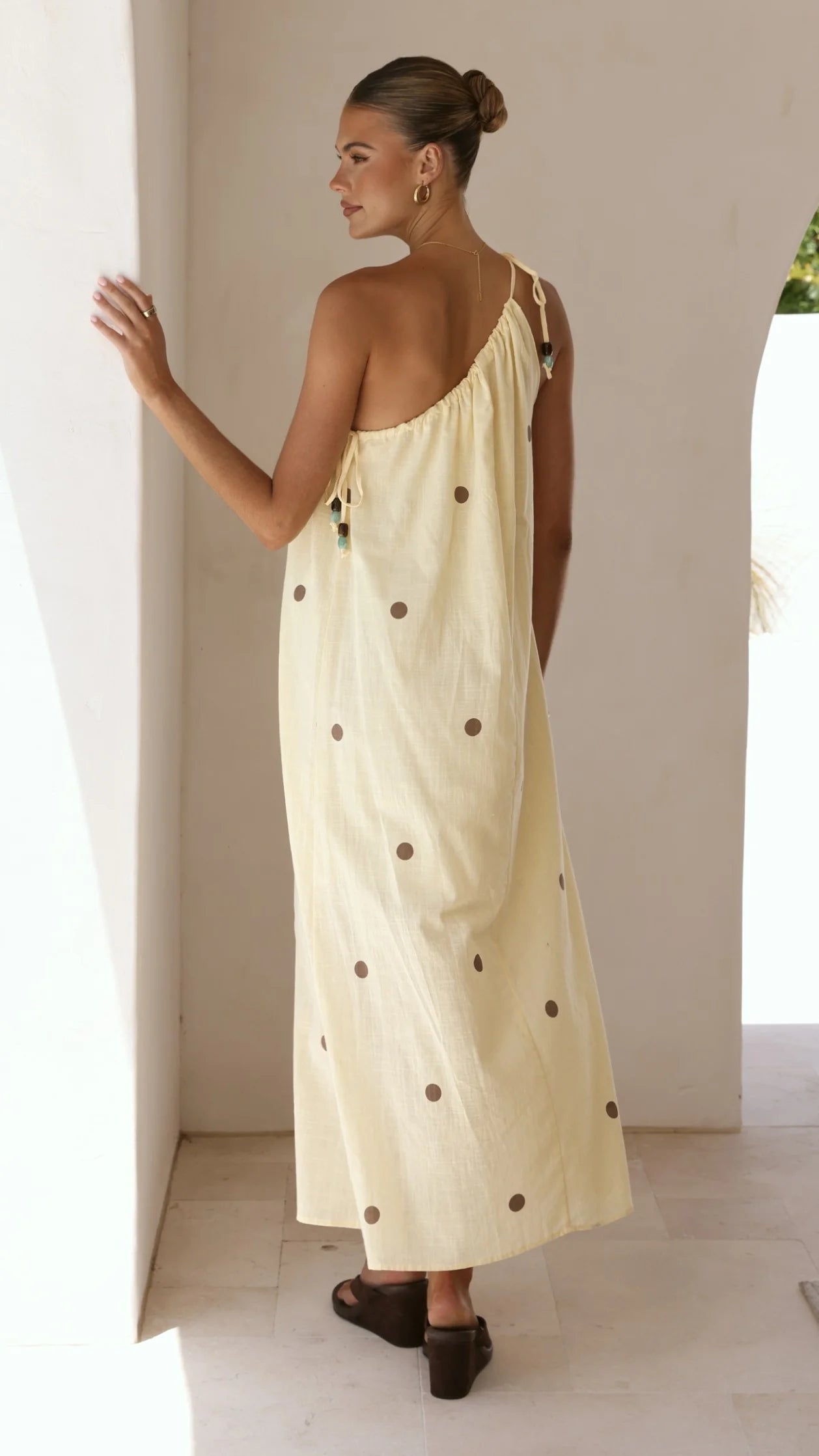 Nasira One Shoulder Maxi Dress - Yellow/Chocolate Polka