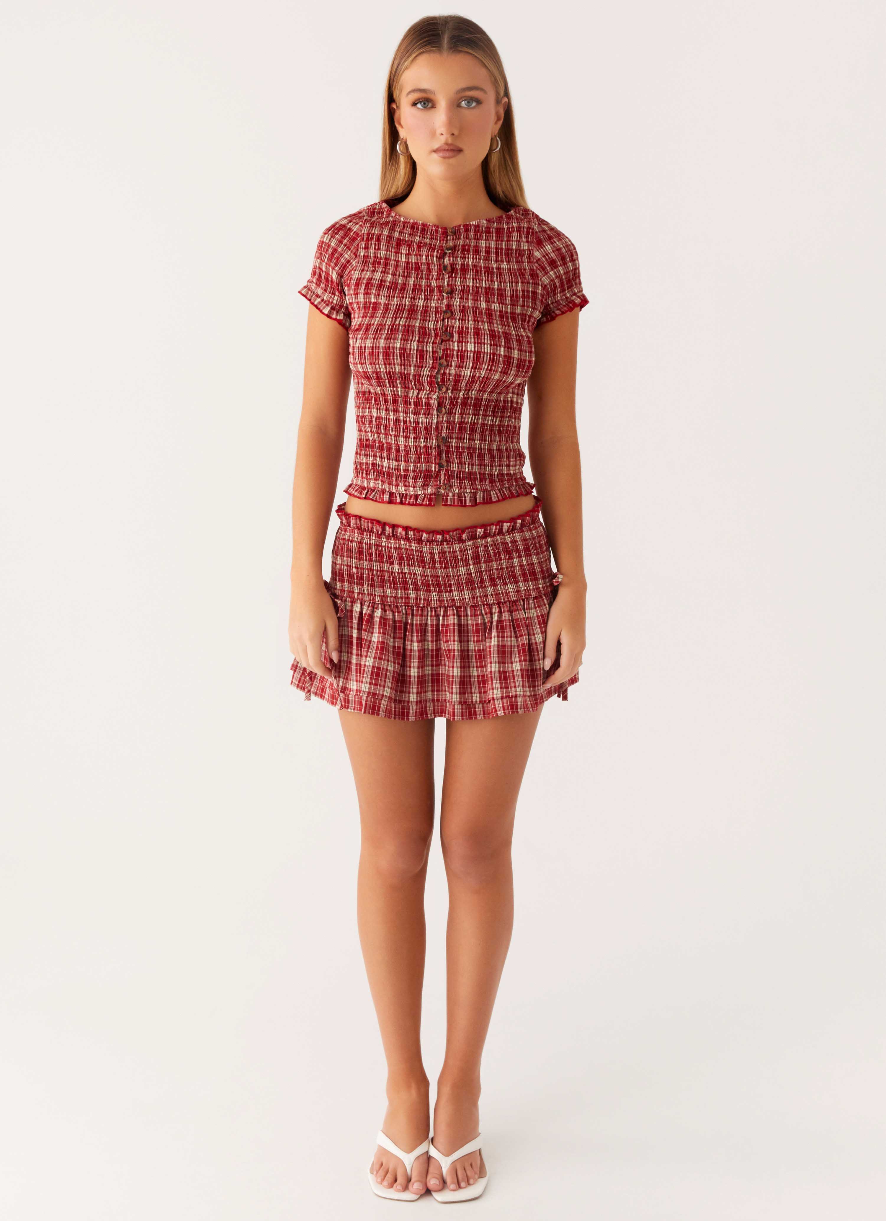 Lenore Button Top - Ruby Check