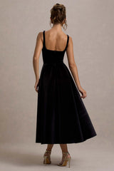 francisca | black velvet strappy volume-hem midi dress