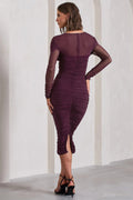 between the lines | plum ruched mesh long-sleeved bodycon midi dress