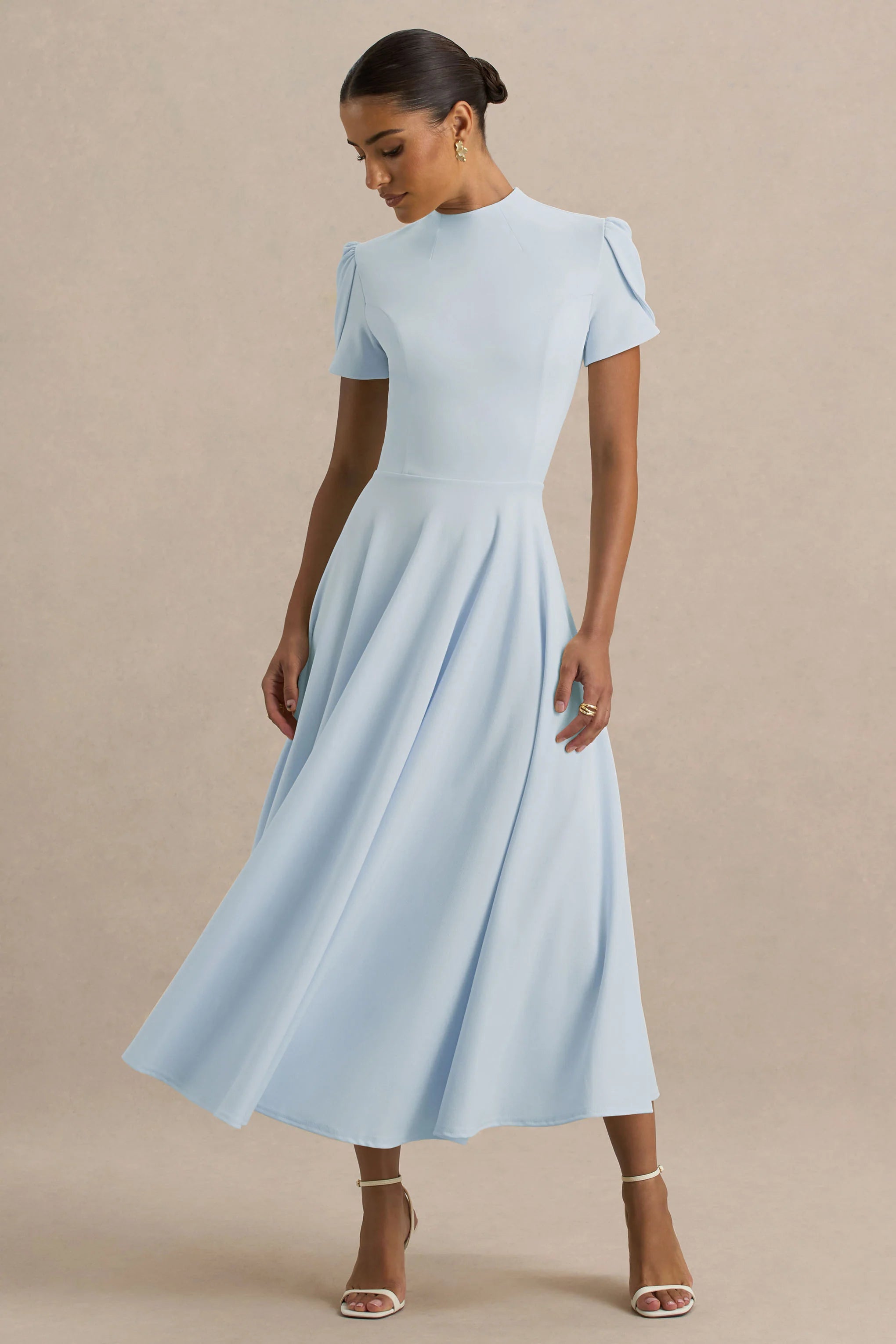vicky | powder blue high neck midi dress with puff sleeves