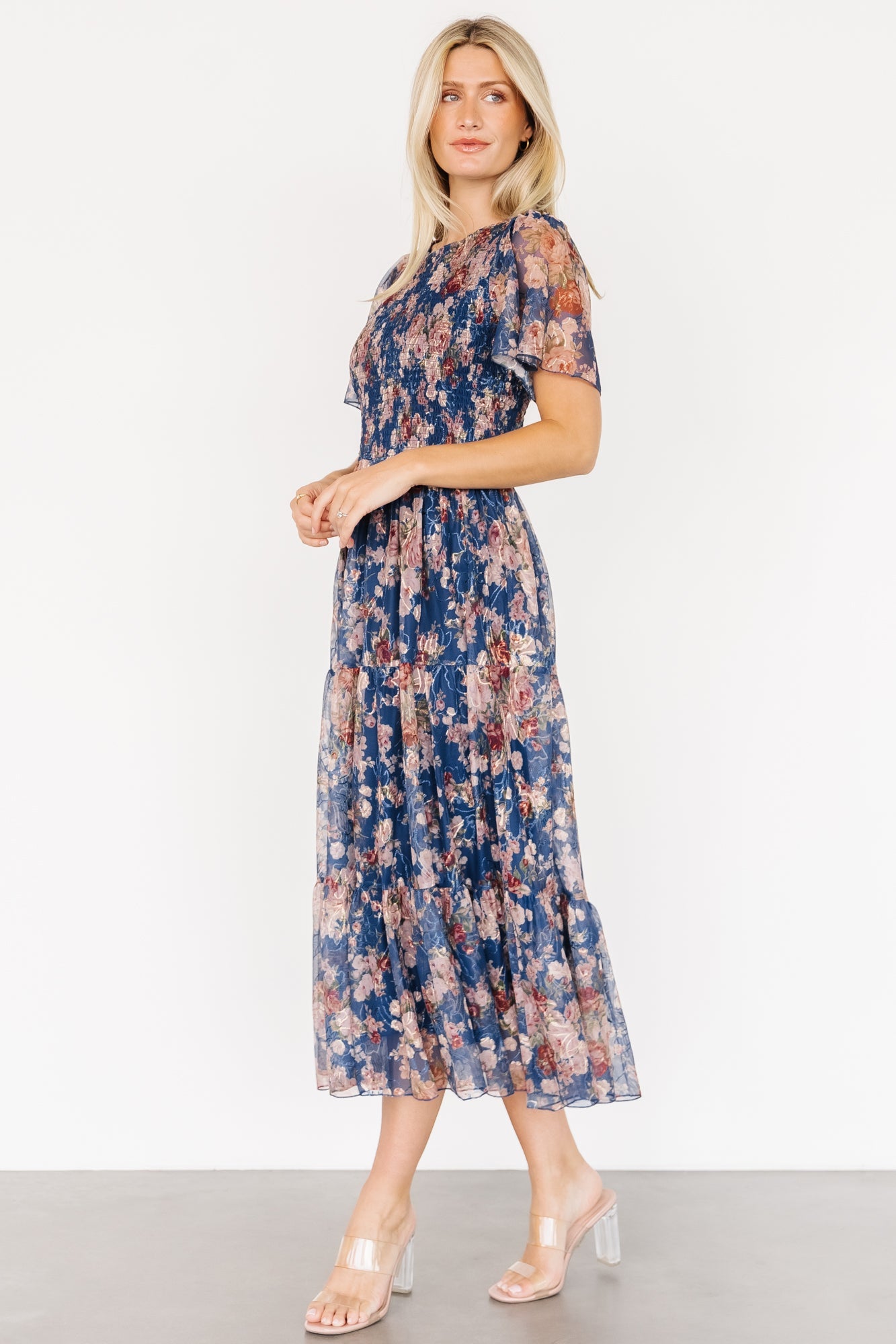 mara embroidered tulle dress | dark blue multi floral