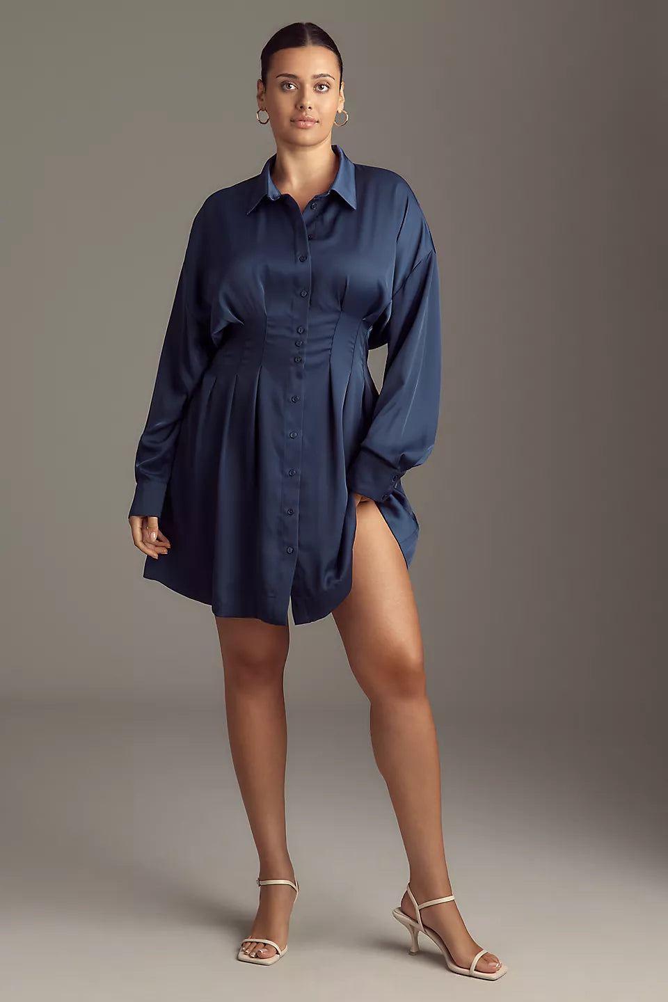 The Tobie Long-Sleeve Satin Mini Shirt Dress