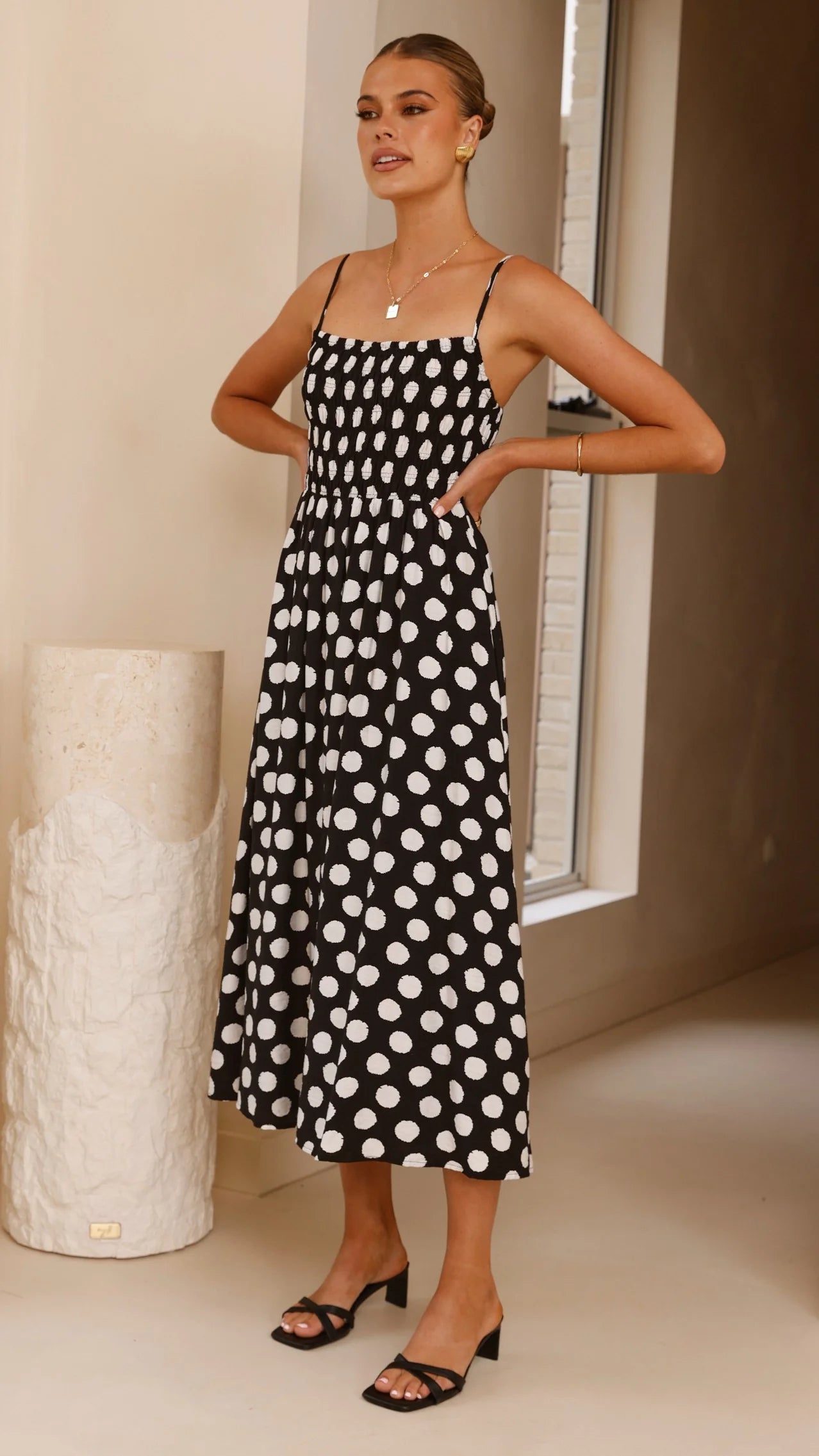 Roma Midi Dress - Black/ White Polka Dot