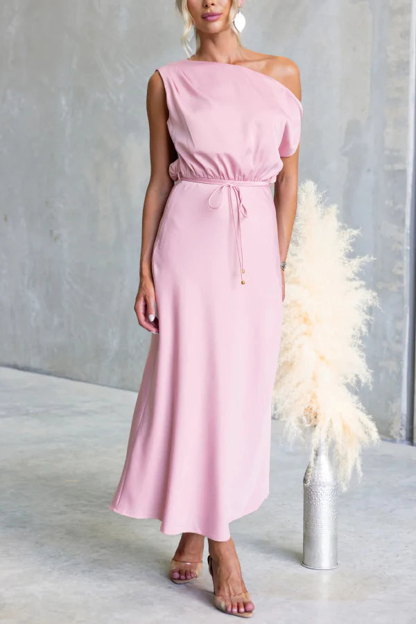 Solid Color One-shoulder Sleeveless Belted Casual Maxi Dress