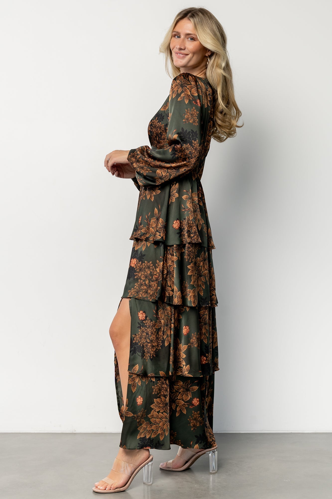 montrouge tiered satin dress | olive floral