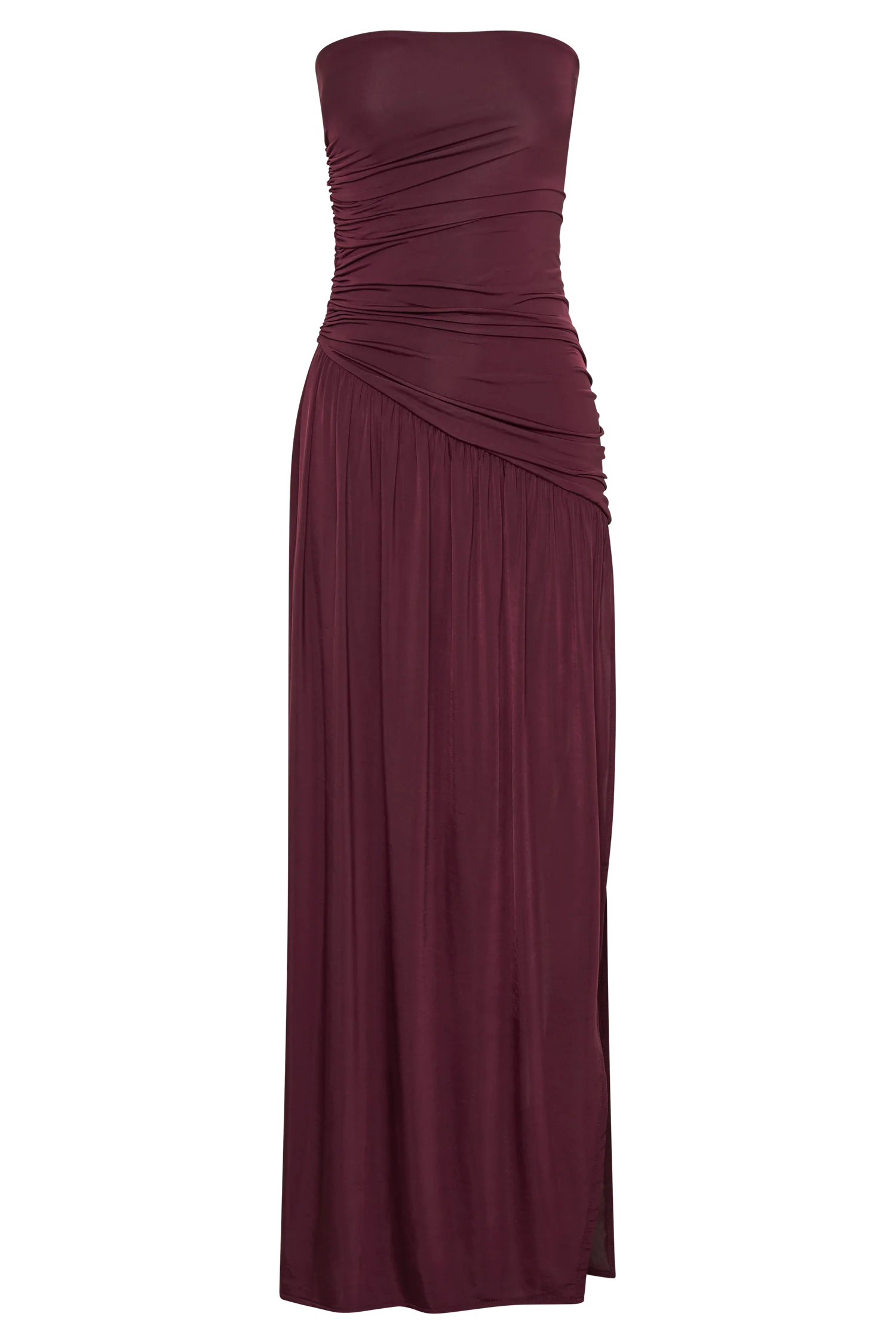Bex Strapless Slinky Maxi Dress With Split - Burgundy