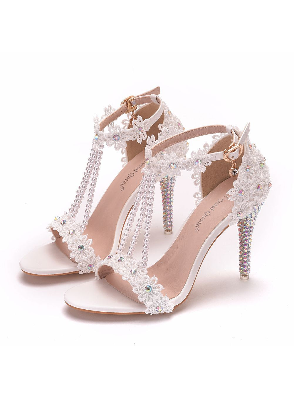 high heel beaded lace flower rhinestone wedding shoes