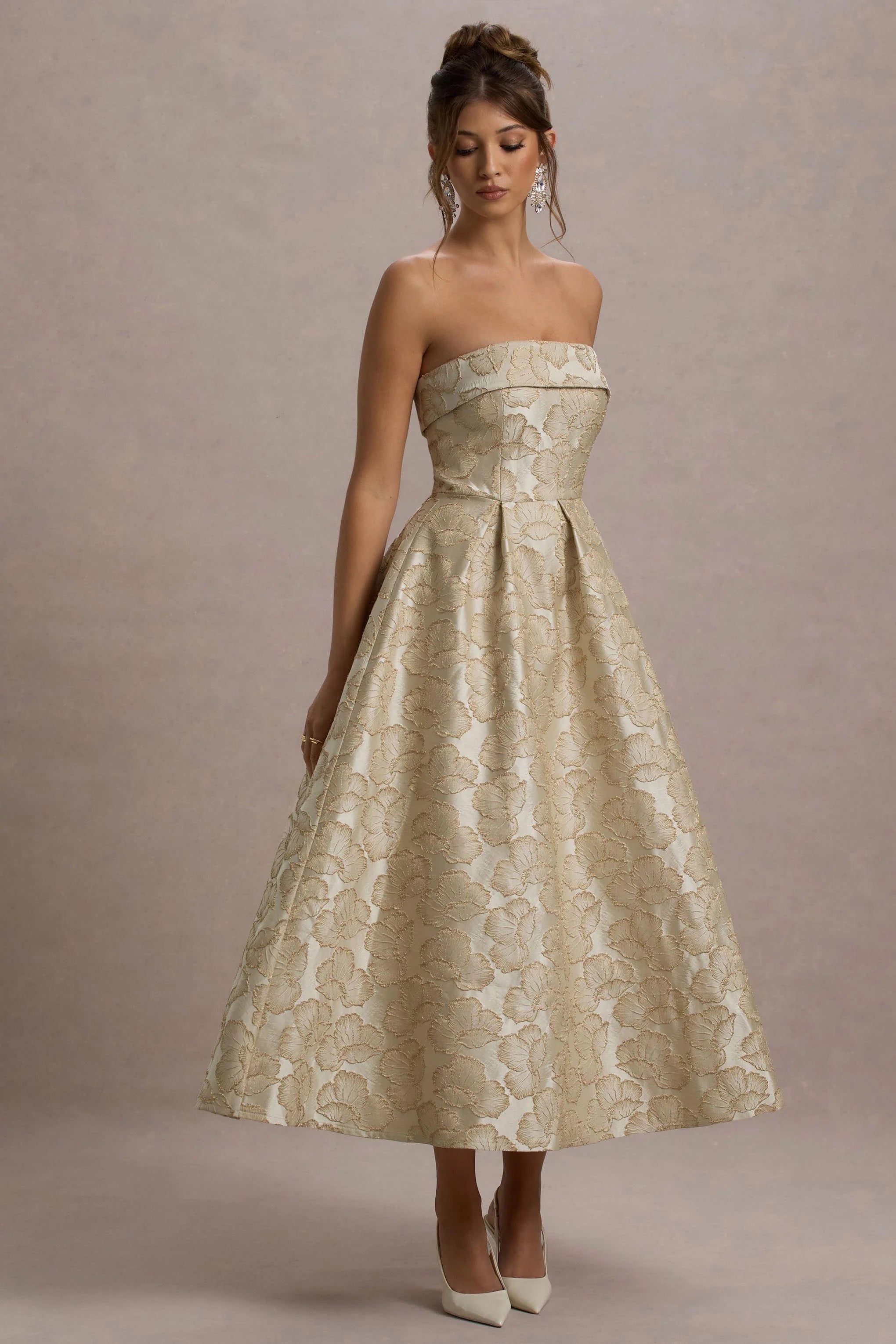 zuma | gold metallic jacquard strapless midi dress