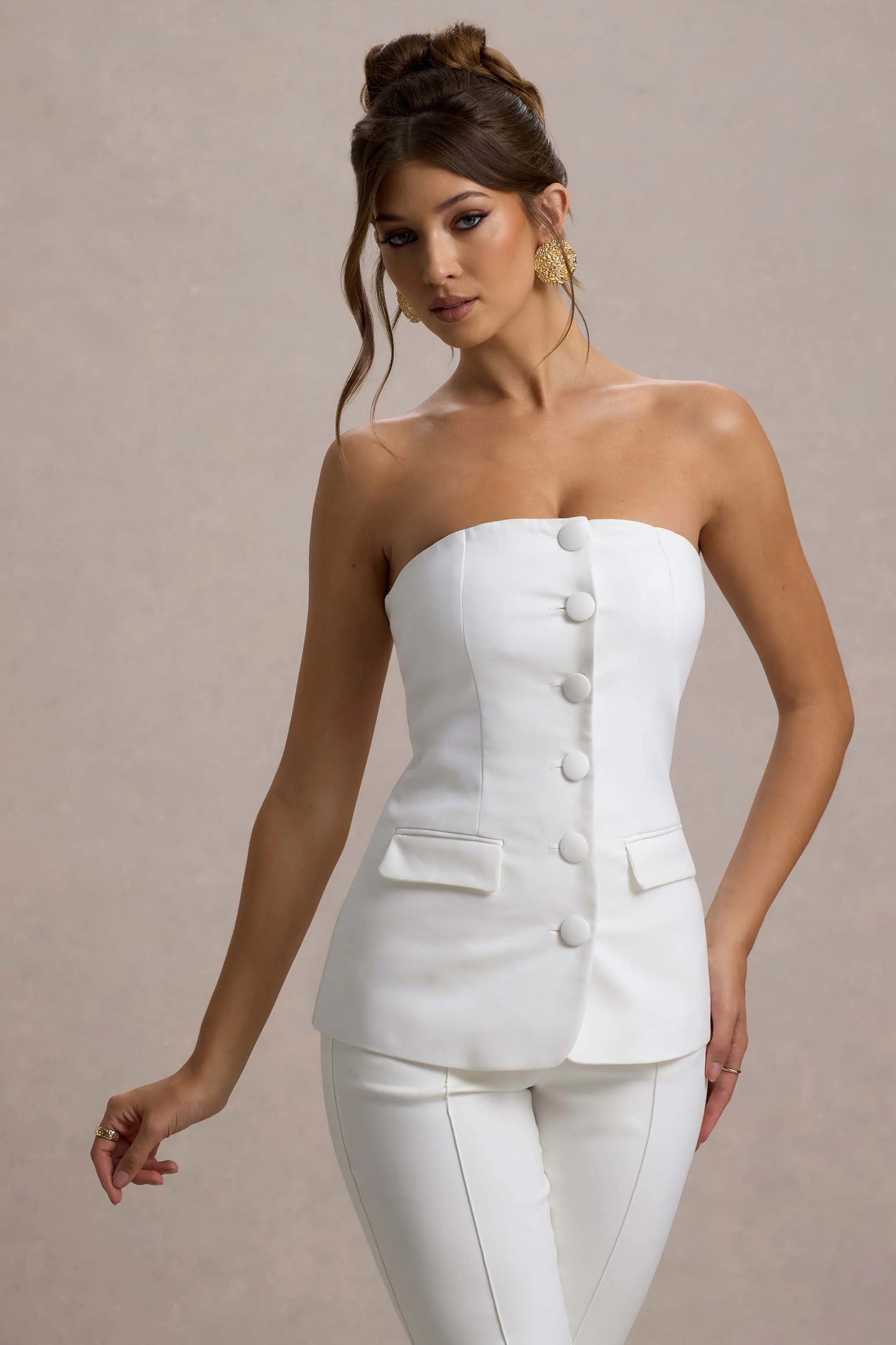 elliana | white strapless button front tailored top