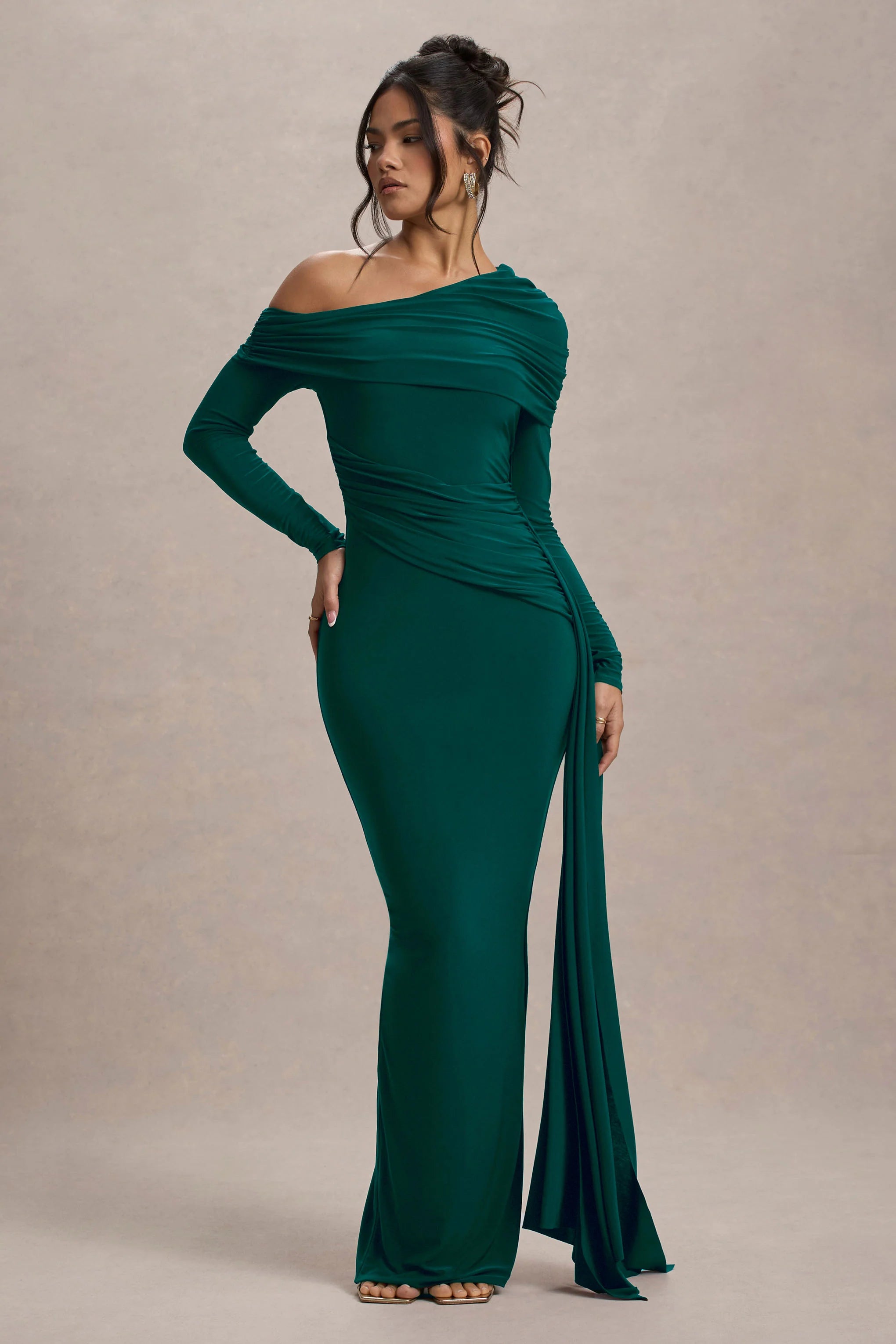 valina | green ruched asymmetric maxi dress with drape