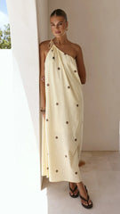 Nasira One Shoulder Maxi Dress - Yellow/Chocolate Polka