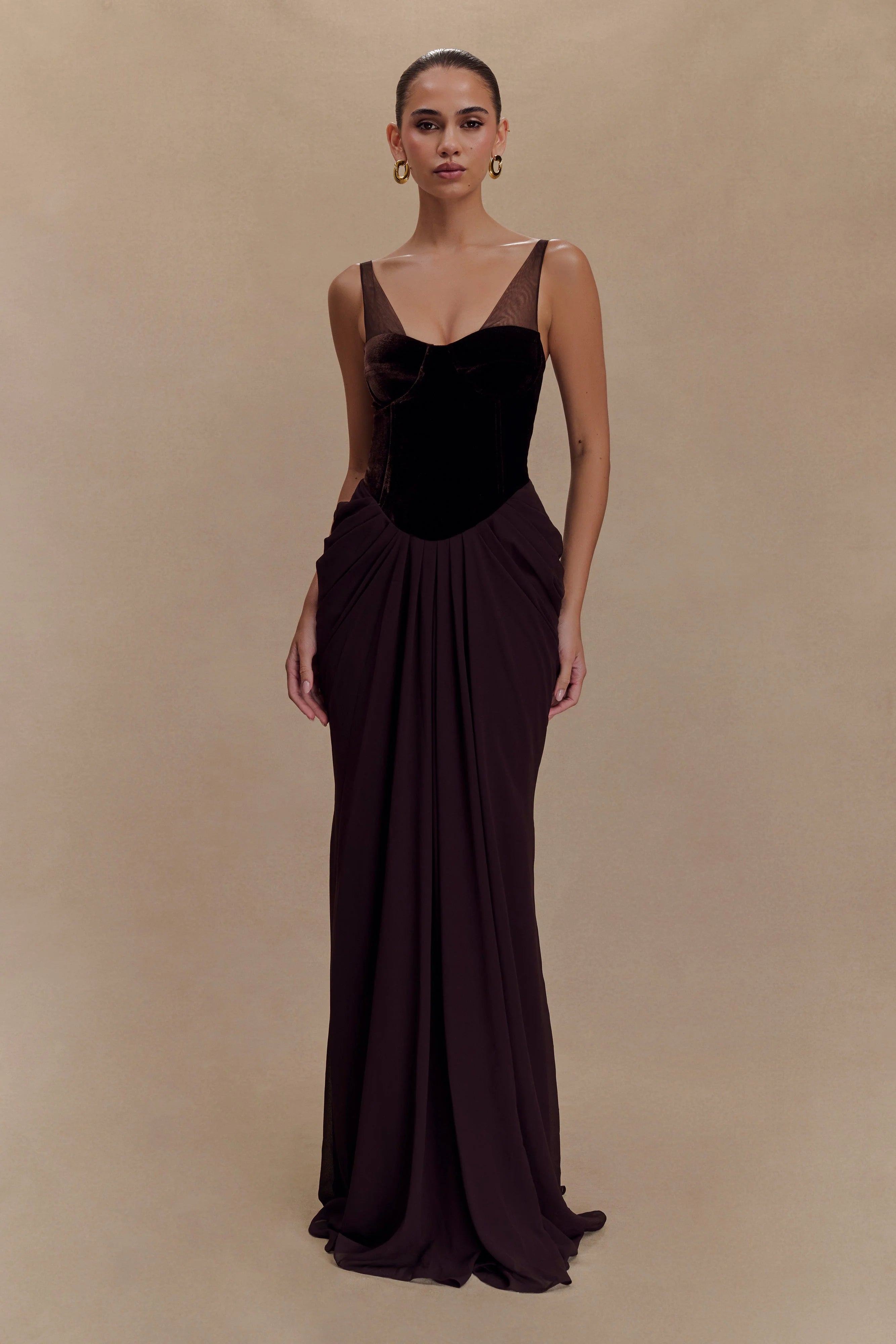 roxanne velvet corset maxi dress - cacao brown