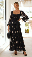 Calandra Long Sleeve Midi Dress - Black/Cream Polka
