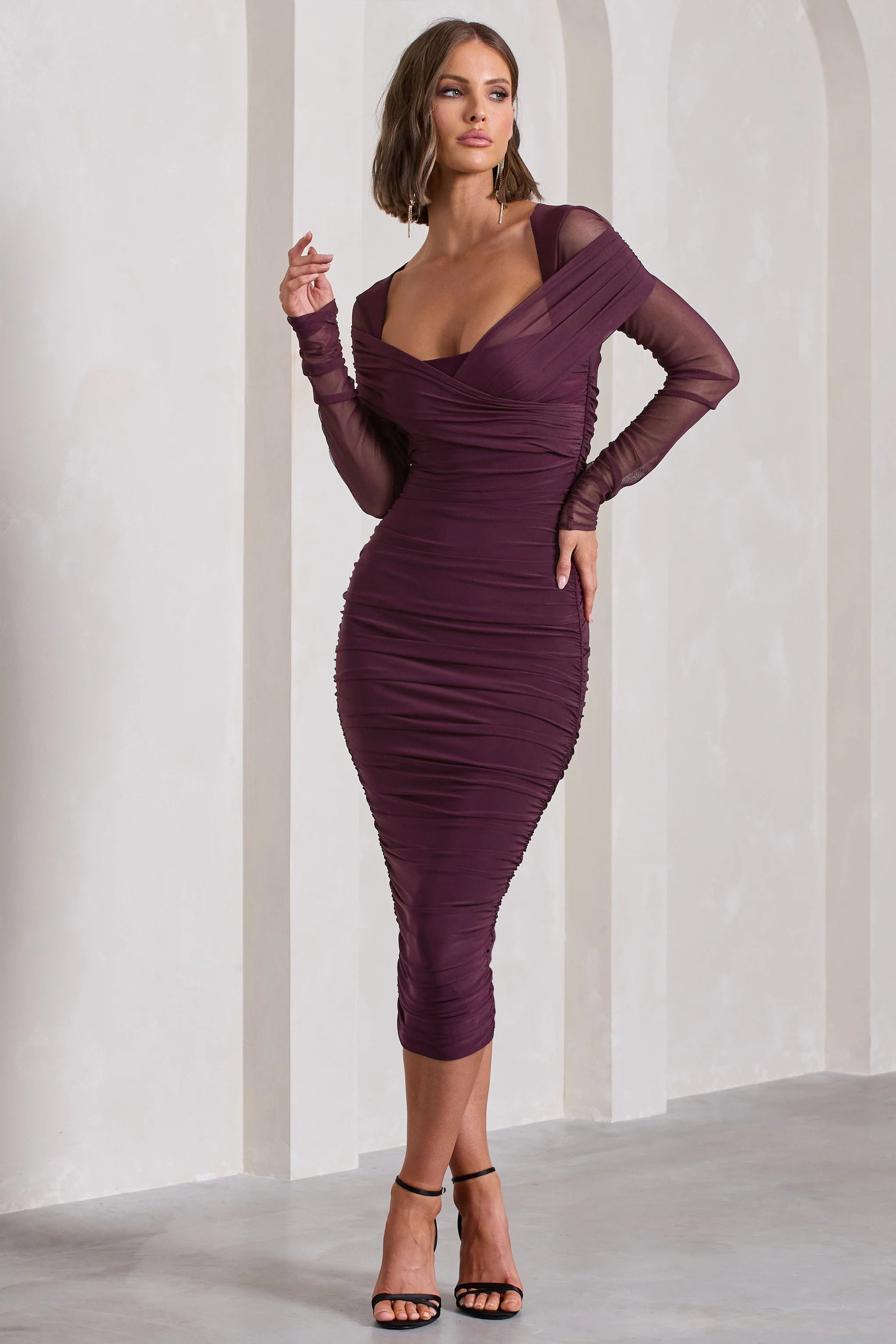 between the lines | plum ruched mesh long-sleeved bodycon midi dress