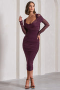 between the lines | plum ruched mesh long-sleeved bodycon midi dress