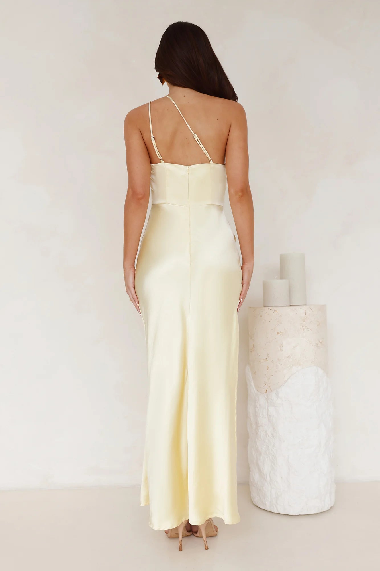 Luxe Charm One Shoulder Satin Maxi Dress Yellow