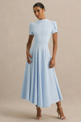 vicky | powder blue high neck midi dress with puff sleeves