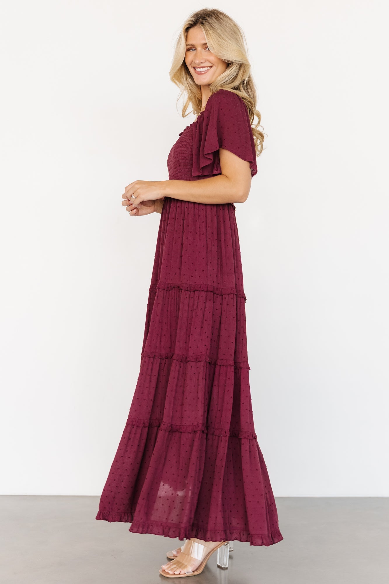 lenora smocked dotted maxi dress | wine