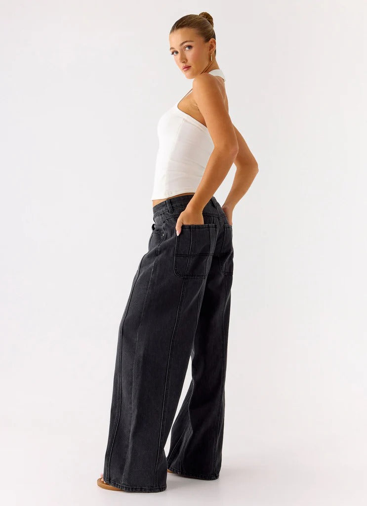 Johnny Low Rise Wide Leg Jeans - Grey Charcoal