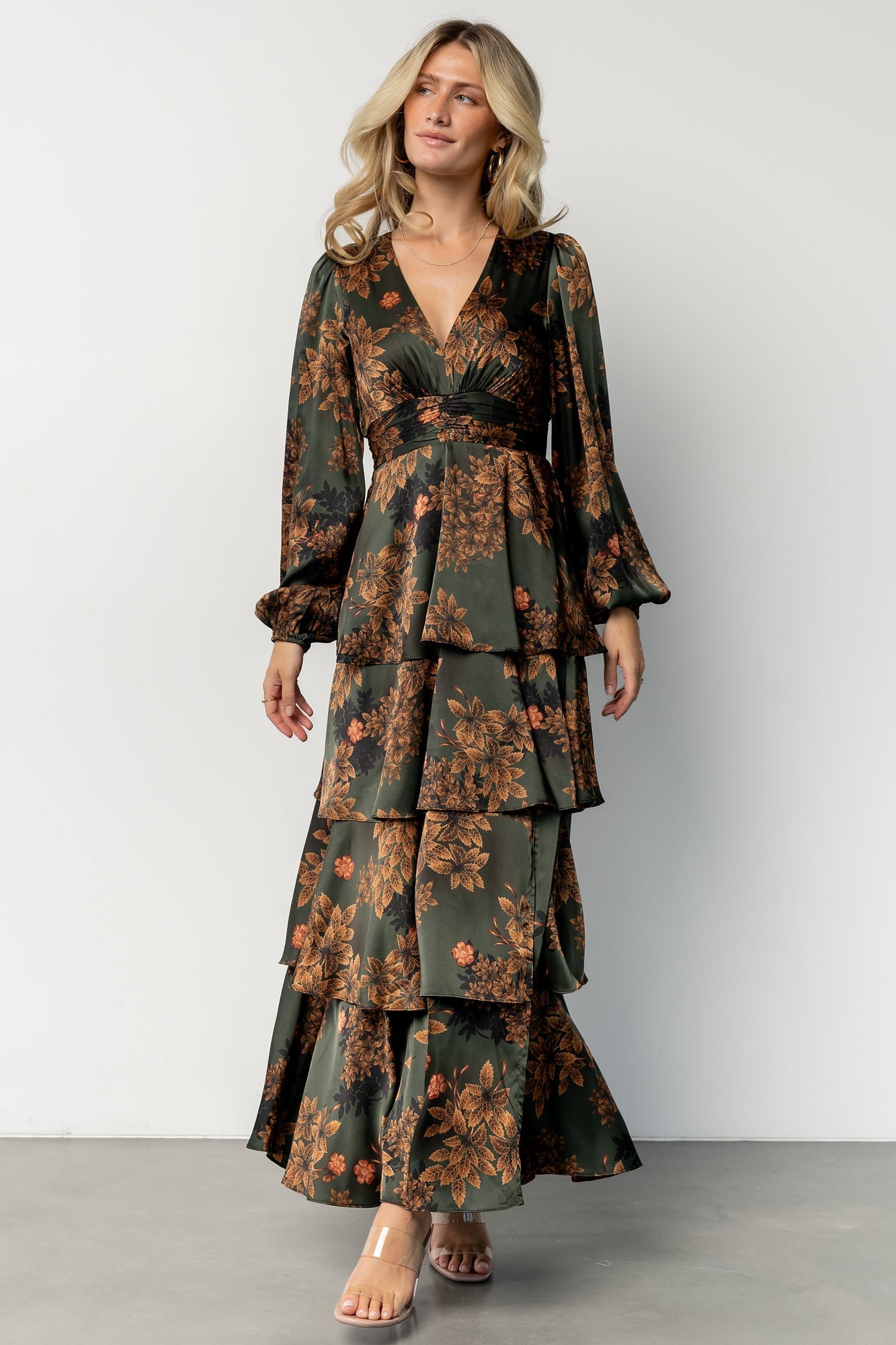 montrouge tiered satin dress | olive floral