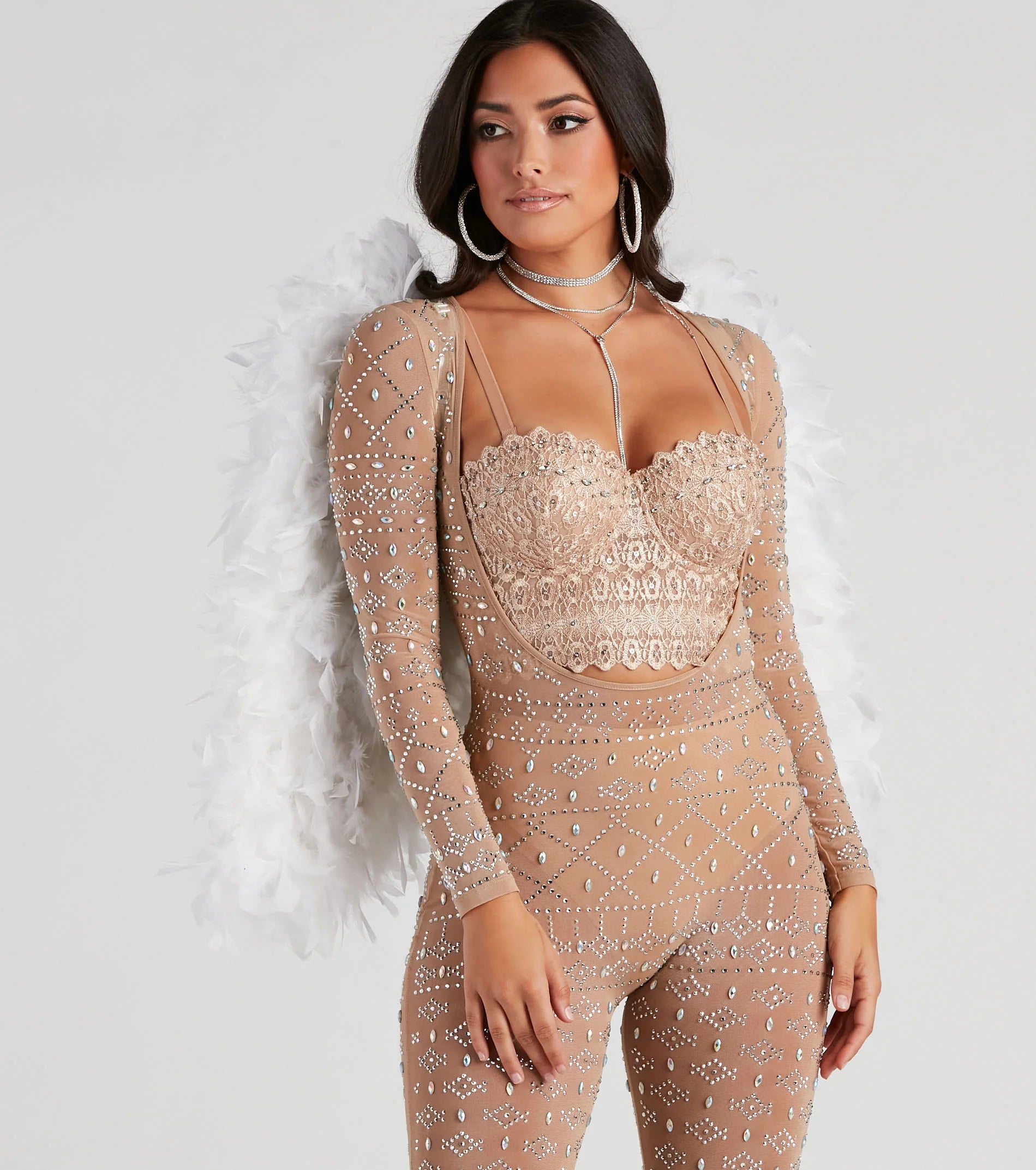 iridescent sparkle rhinestone-embellished sheer catsuit