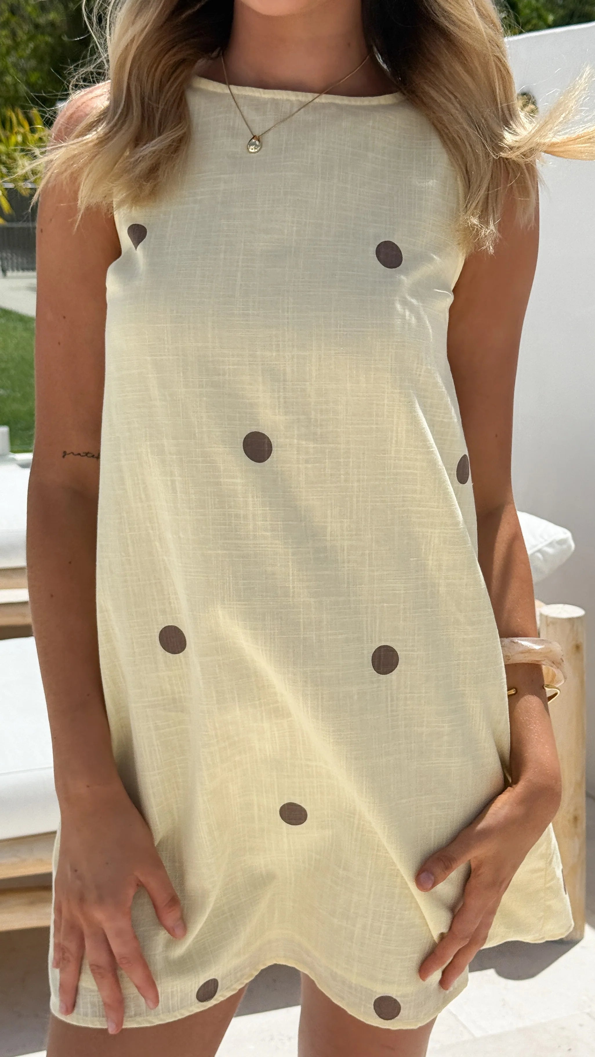 Natala Shift Mini Dress - Yellow/Chocolate Polka