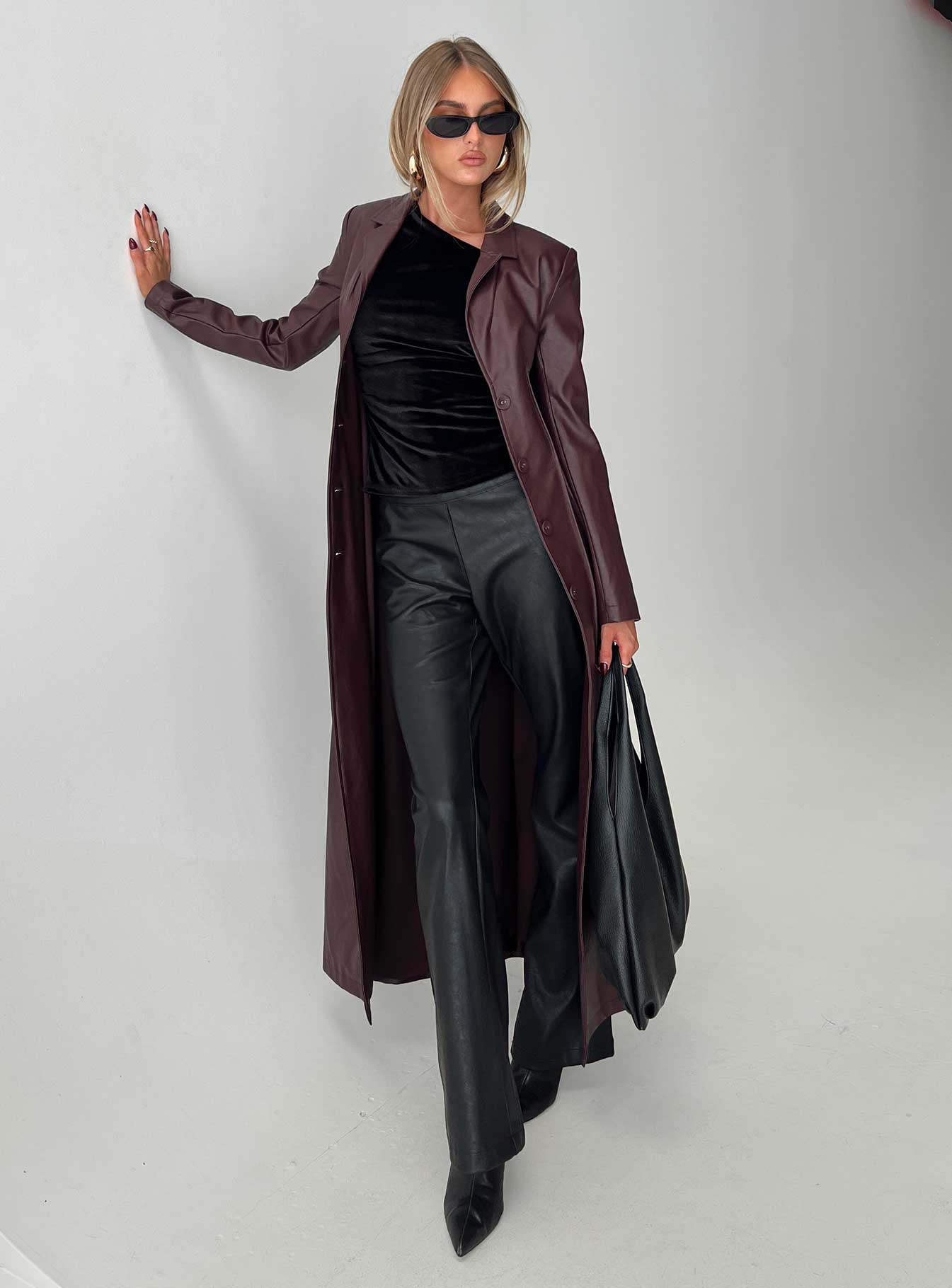 speak easy long line faux leather coat burgundy
