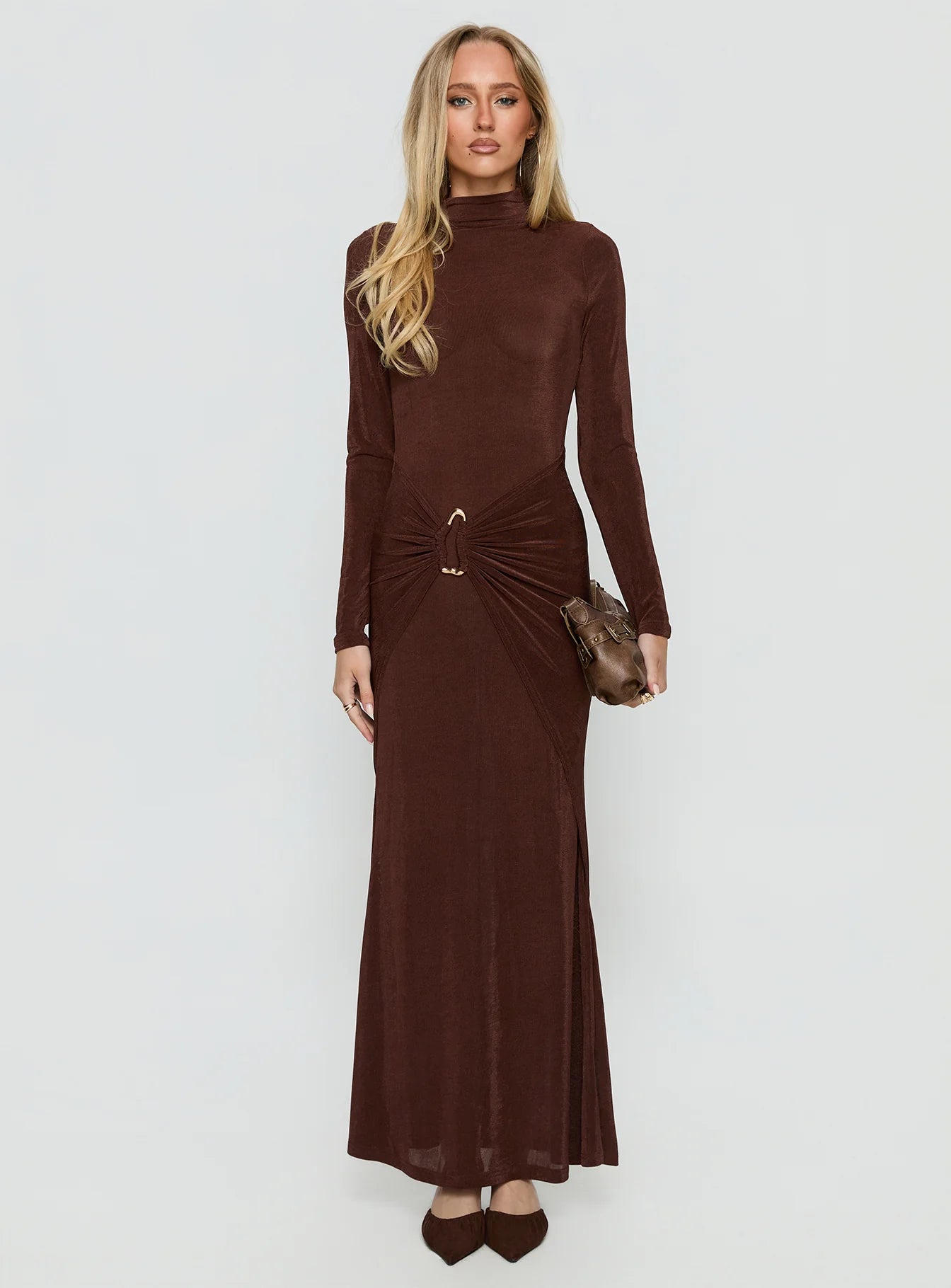 Yaqueline Long Sleeve Ruched Maxi Dress Chocolate