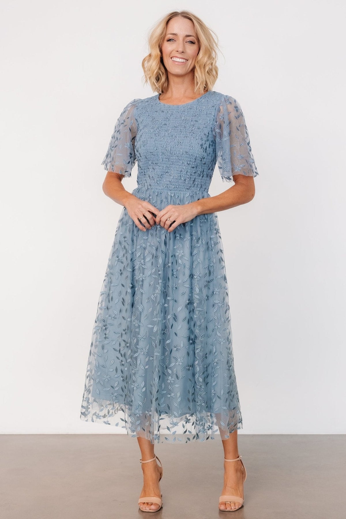 kendra embroidered dress | dusty blue