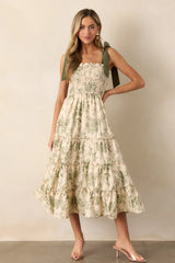 Wildflower Whisper 100% Cotton Ivory Green Floral Midi Dress